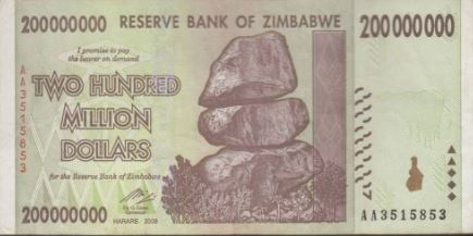 Zimbabwe $200 Million Dollar Banknote, 2008, Circulated (used)