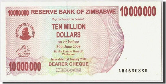 Zimbabwe $10 Million Dollar Bearer Cheque, 2008, Uncirculated