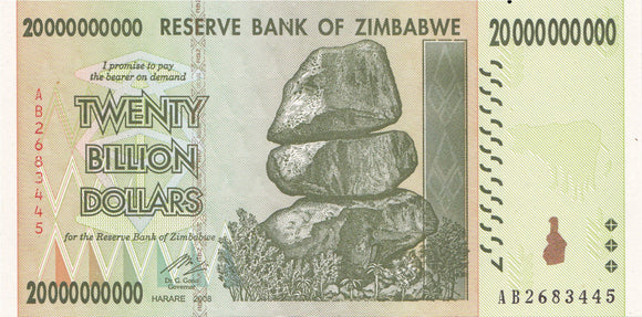 Zimbabwe $20 Billion Dollar Banknote, 2008, Uncirculated