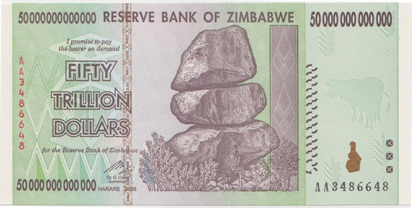 Zimbabwe $50 Trillion Dollar Banknote, 2008, Uncirculated