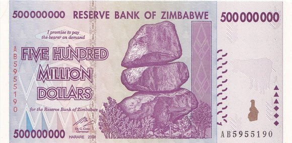 Zimbabwe $500 Million Dollar Banknote, 2008, Uncirculated